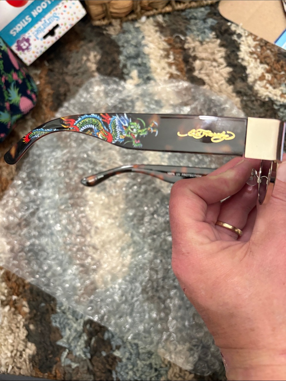 Ed Hardy Black Sunglasses with Multicolor Dragon Temple
